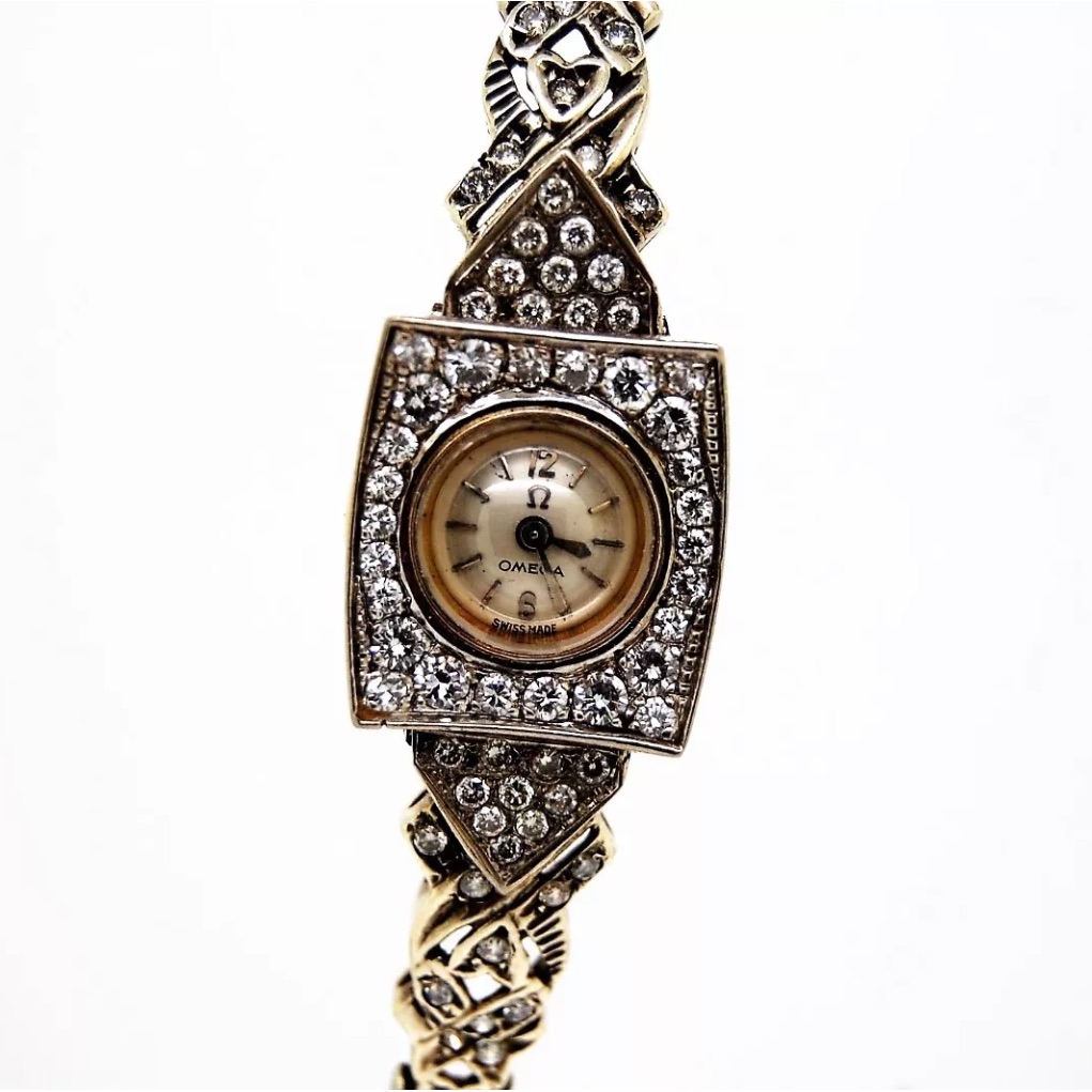 Ladies 18k Gold Omega Back Winder Diamond Watch
